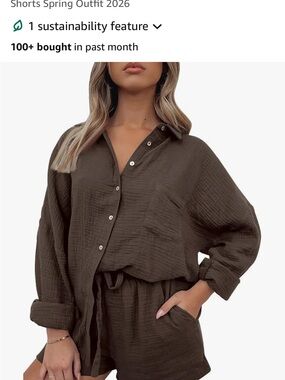 Women’s Relaxed Button-Up Shirt and Shorts Set - Brown